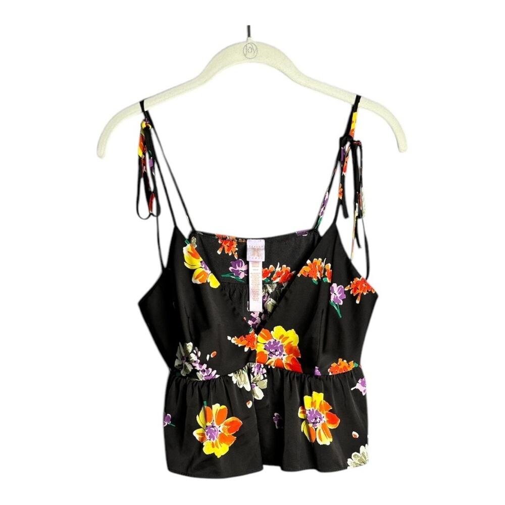 Savage Fenty Black and Orange Floral Cropped Peplum Top Medium